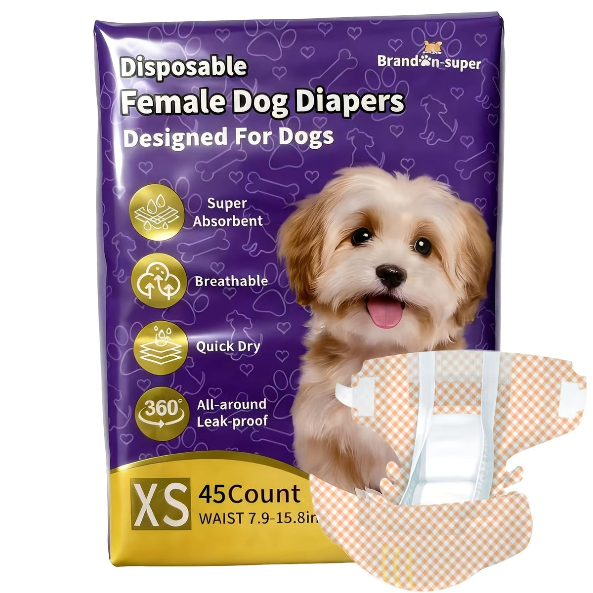 Female Dog Diapers 45 Count, Disposable Absorbent Pet Diapers in XXS to L for Puppies, Senior Dogs, Heat Cycles and Indoor Accident Management