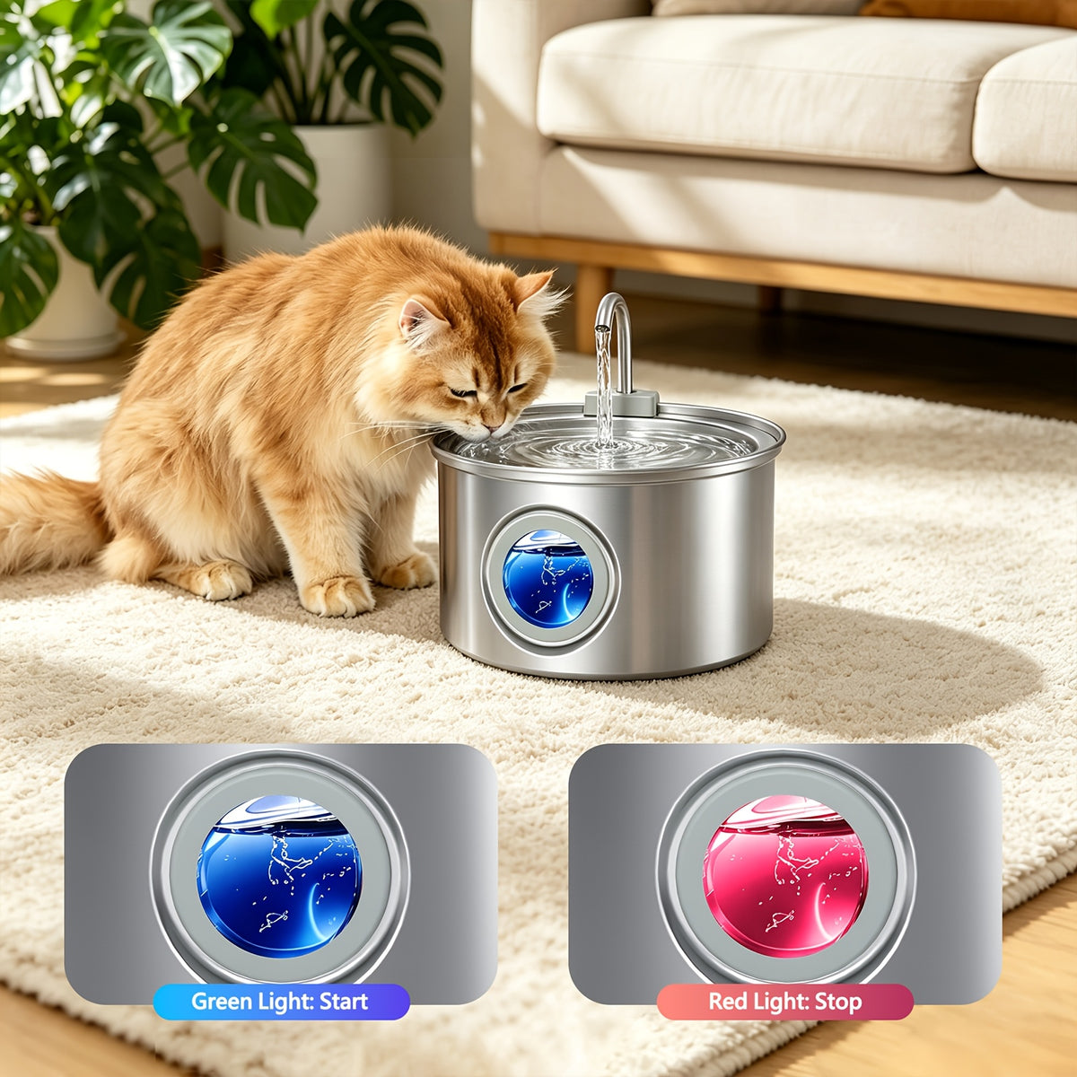 Dog Water Fountain 74oz 2.2L, Quiet 304 Stainless Steel Pet Drinking Dispenser with Large Water Level Window, Easy-Clean Design and Filter Bundle Options