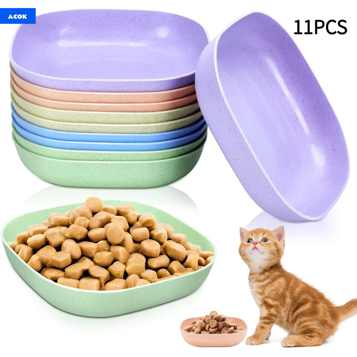 Shallow Cat Food Plates Set, 10 Plastic Wide-Mouth Feeding Dishes with 1 Storage Box, Flat-Bottom Wet Food Bowls for Cats, Kittens and Small Dogs
