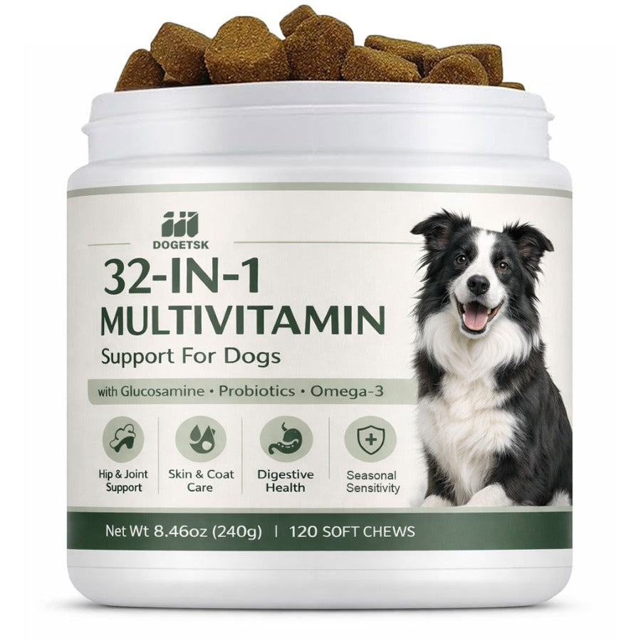 Dog Vitamin Soft Chews, 32-in-1 Daily Supplement with Probiotics and Omega-3, 120 Count for Canine Wellness and Joint Support