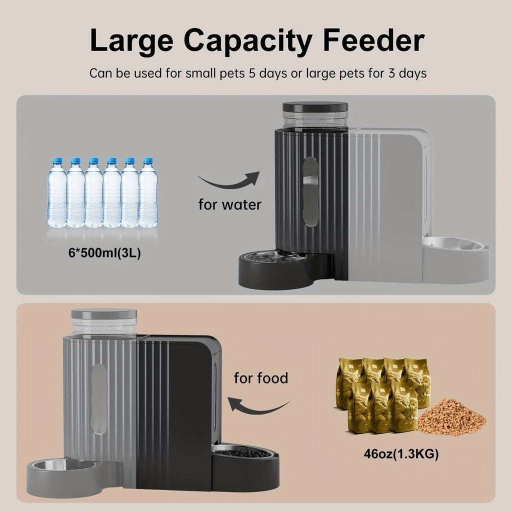3L Gravity Pet Feeder and Water Dispenser for Cats and Dogs, Stainless Steel Design Without Battery, Black Gray or Blue for Daily Home Care