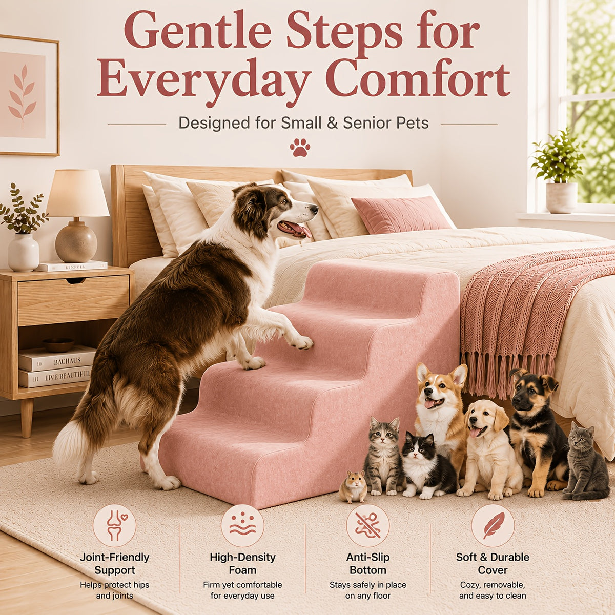 Dog Stairs for Bed with Dutch Velvet, Non-Slip Pet Steps for Small and Senior Dogs, 2/3/4-Step Options for Sofa and Couch, Gray or Pink