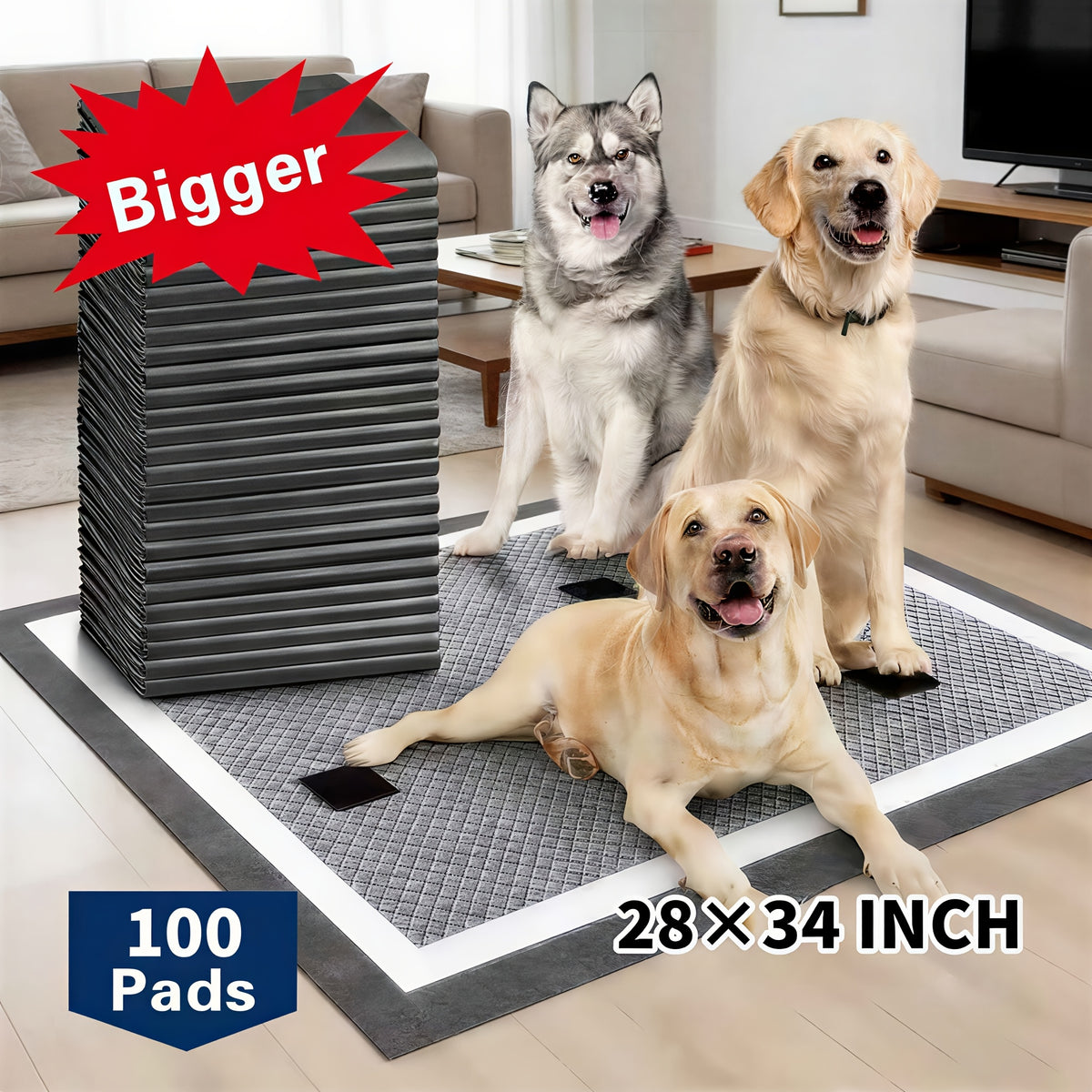 Jumbo Dog Pee Pads 28 x 34 Inch, Six-Layer Disposable Puppy Potty Training Pads with Absorbent Core and PE Backing, 50 or 100 Count Options