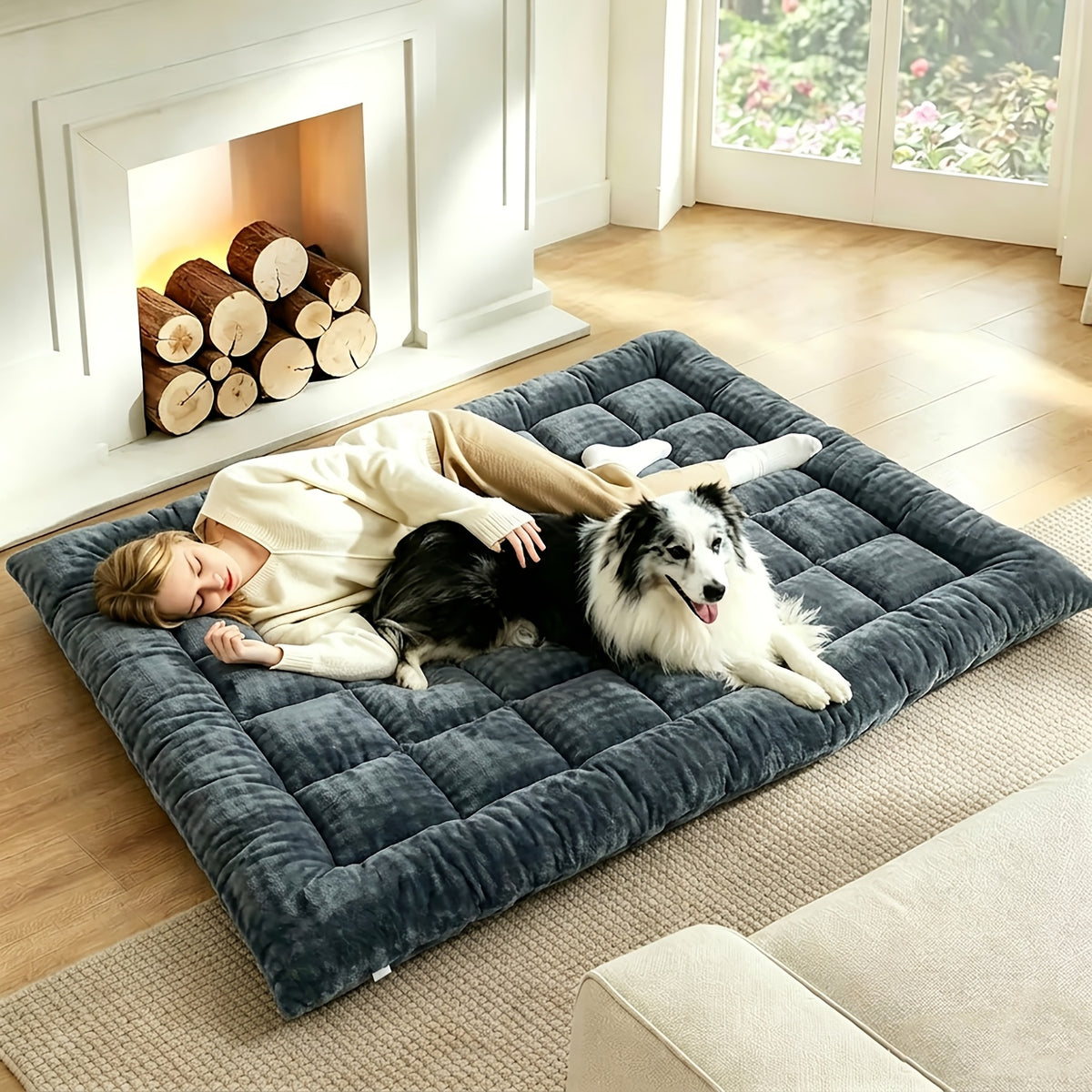 Dog Bed Mat Topper with Four Corner Straps, Rectangular Roll-Up Pet Mattress Pad for Large Dogs and Multi-Pet Homes, L to XXXL with Plush and Faux Fur Options