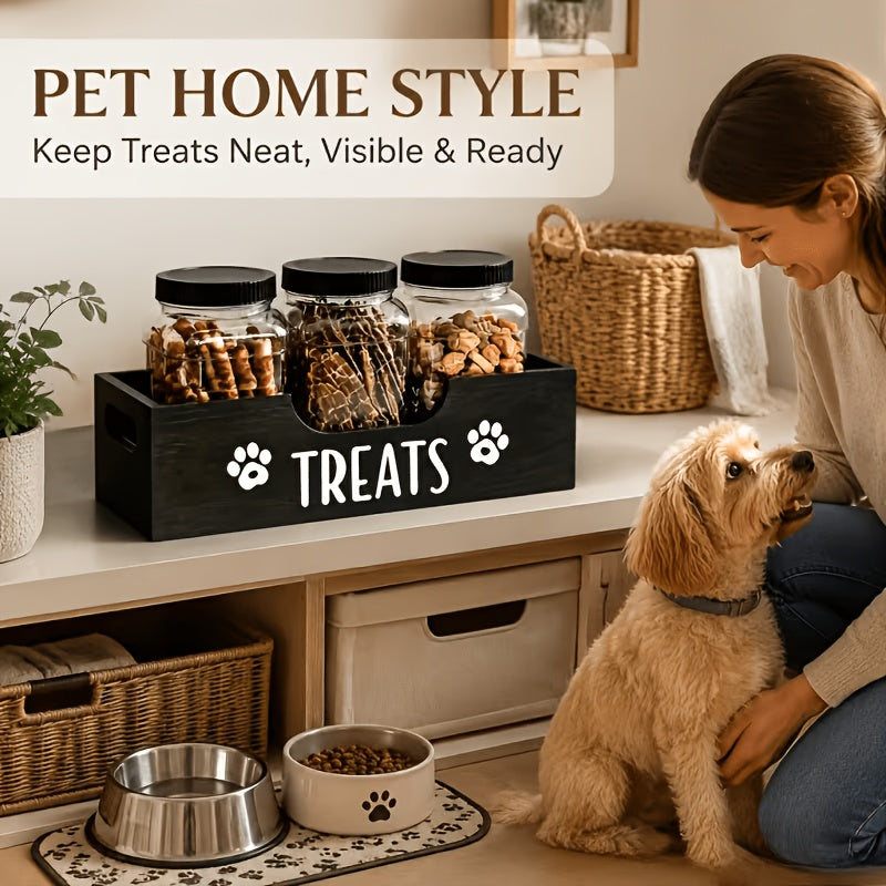 Pet Treat Jar Organizer with Paw Print Pattern, Farmhouse Countertop Holder for 3 Jars, Faux Wood Look in Black or White for Dog Owners