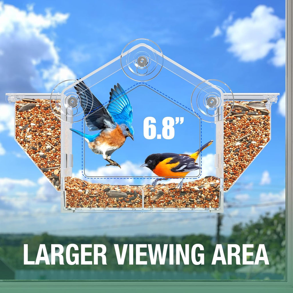 Window Bird Feeder with Dual Side Hoppers, Extra Large Clear Outdoor Feeder with Suction Cups and Adhesive Mount for Indoor Bird Watching