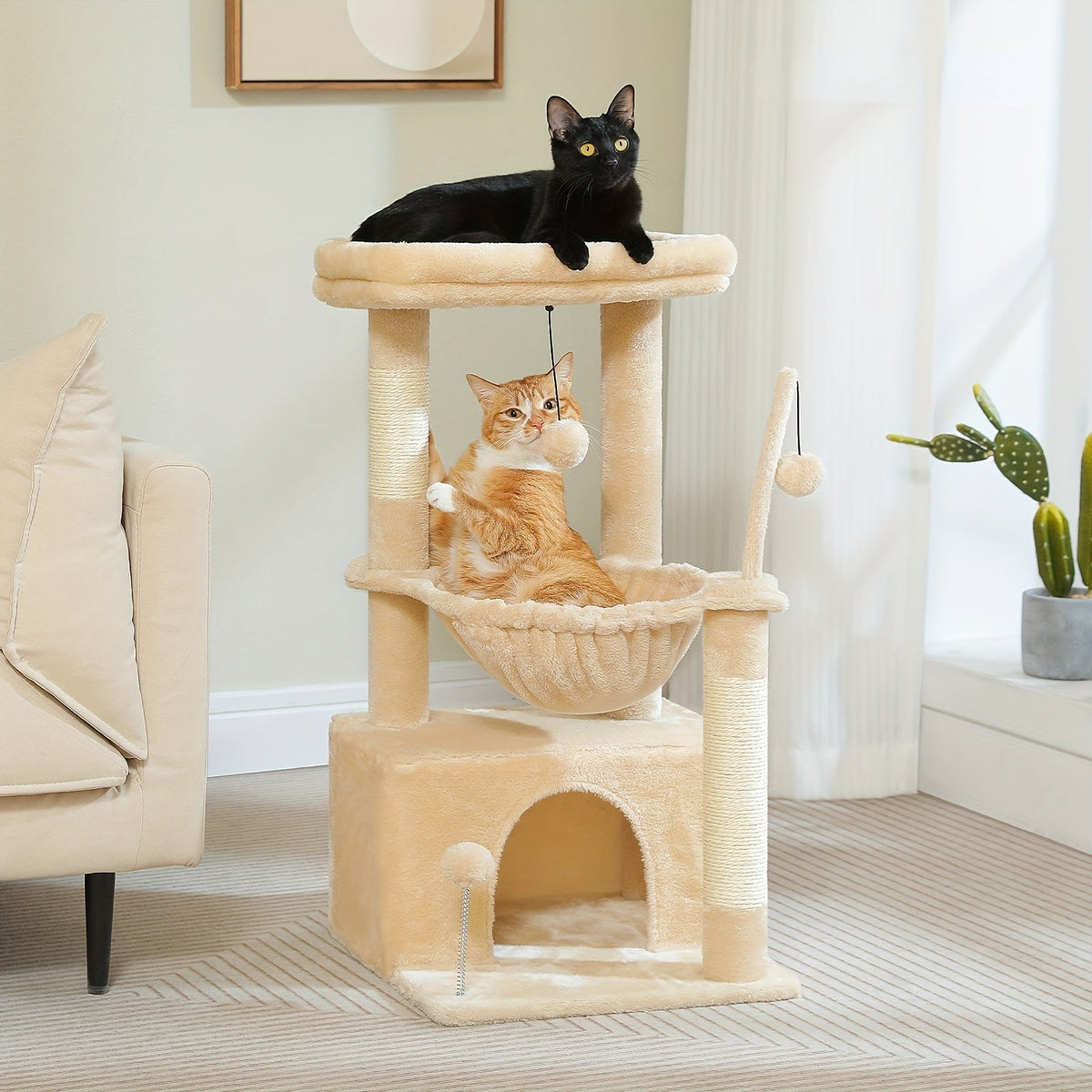 Cat Tower with Deep Hammock and Top Perch, 4-in-1 Indoor Cat Tree Listing with Condo and Scratching Post, Color and Size-Labeled Model Options