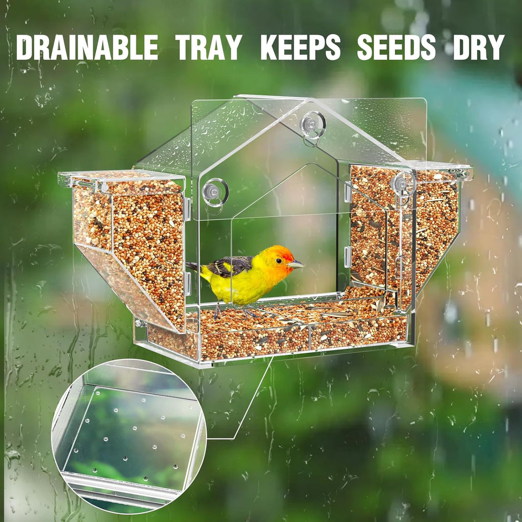 Window Bird Feeder with Dual Side Hoppers, Extra Large Clear Outdoor Feeder with Suction Cups and Adhesive Mount for Indoor Bird Watching