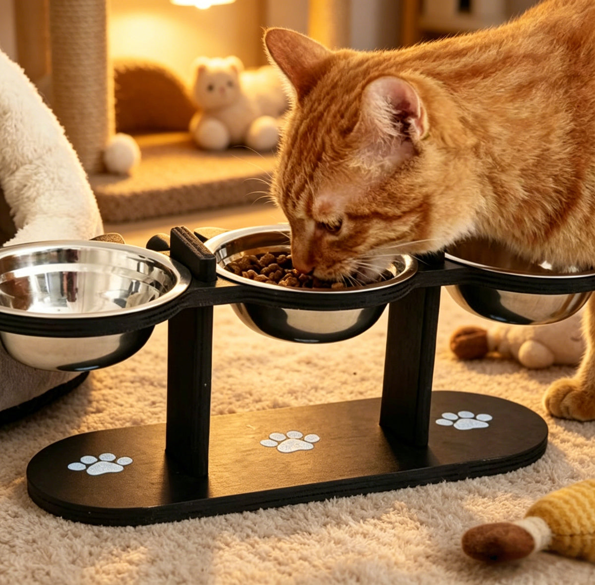 Adjustable Cat Bowl Stand with 3 Stainless Steel Bowls, 15 Degree Tilted Black Elevated Feeding Station with Cat-Ear Holders for Food and Water