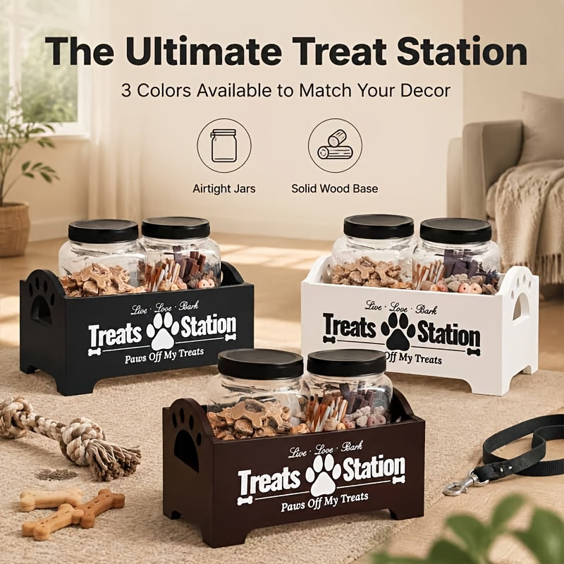 Dog Treat Container Set with Wooden Farmhouse Rack and 2 Plastic Snack Canisters, 3-Piece Pet Food Storage Organizer in Black or White for Home