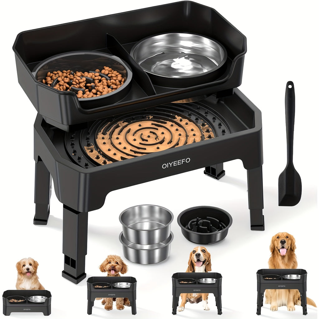 Splash Guard Elevated Dog Bowls with Four Adjustable Heights, Two 53oz Stainless Steel Bowls and Non-Slip Feet for Everyday Food and Water