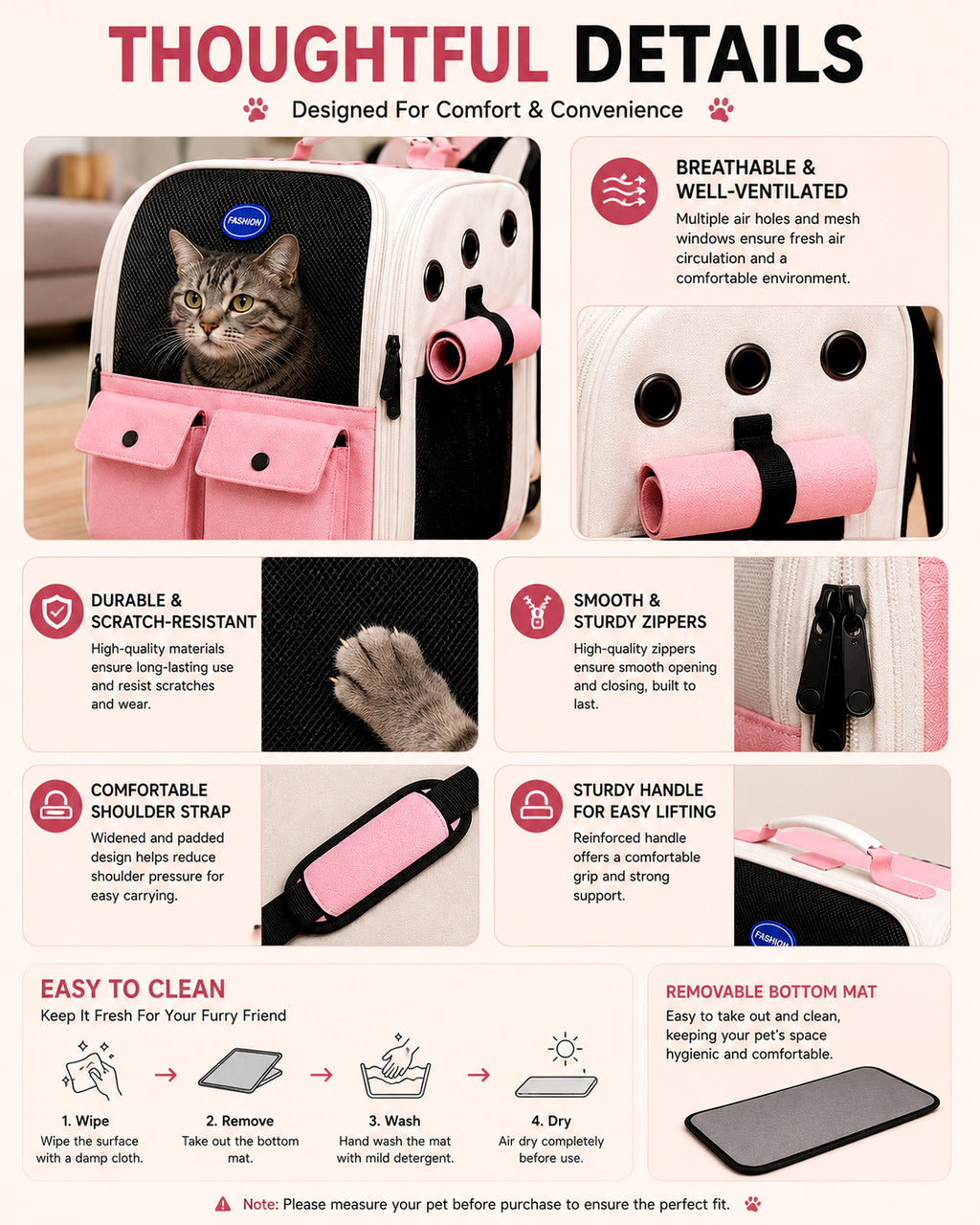 Front Opening Pet Carrier Backpack for Cats, Small Dogs and Puppies, Breathable Foldable Travel Bag with Safety Hook and Storage Pockets
