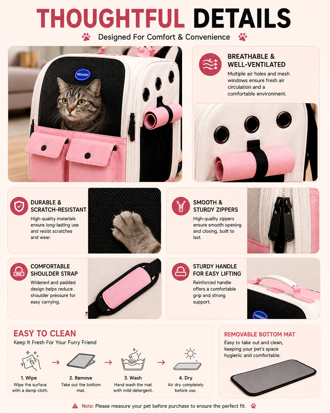 Front Opening Pet Carrier Backpack for Cats, Small Dogs and Puppies, Breathable Foldable Travel Bag with Safety Hook and Storage Pockets
