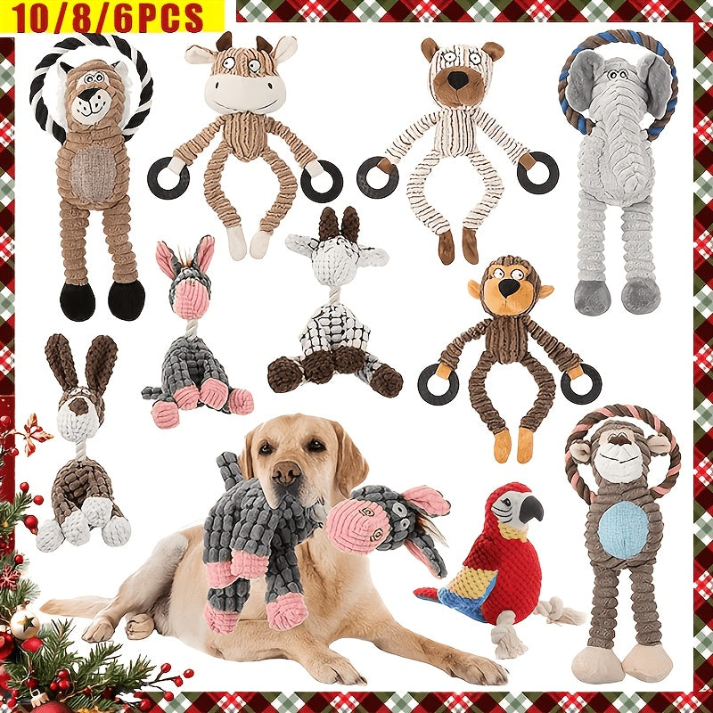 Squeaky Dog Toy Assortment with Rope and Plush Animal Designs, Random 6, 8 or 10 Piece Packs for Supervised Gentle Tug and Interactive Play