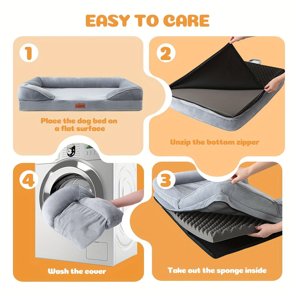 Four-Sided Bolster Dog Bed with Egg-Crate Foam, Grey Flannel Pet Sofa with Removable Washable Cover, Lowered Entry and Non-Skid Bottom, M to XXL