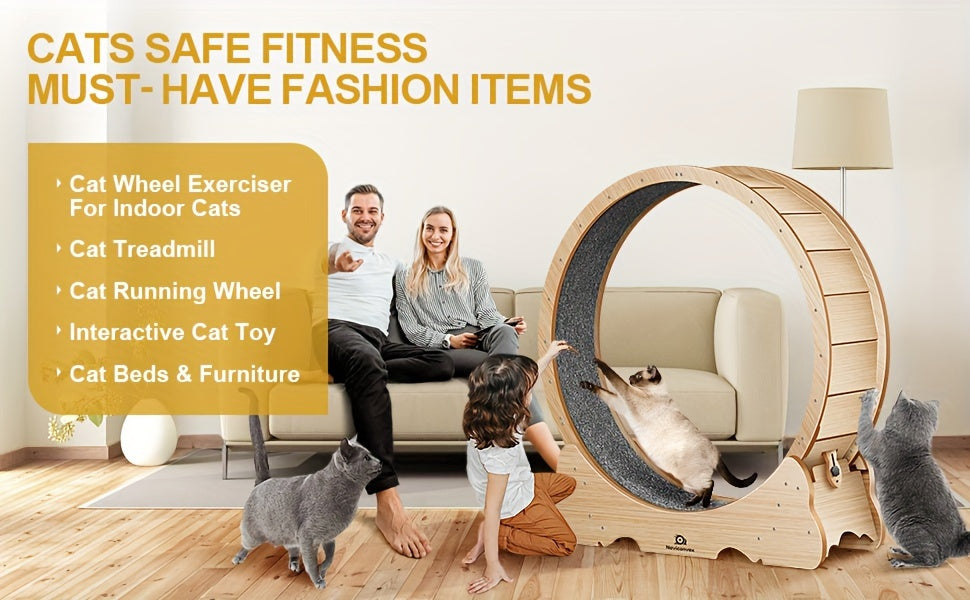 45 Inch Cat Exercise Wheel with Carpeted Runway, Large Wooden Indoor Cat Treadmill for Supervised Activity in Wood, Black or White