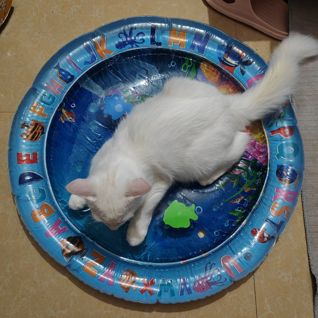 Round Pet Cooling Mat with Water-Fill Center, Blue Ocean Animal Print Pad with Inflatable Rim for Cats and Small Dogs, Indoor and Shaded Patio Use