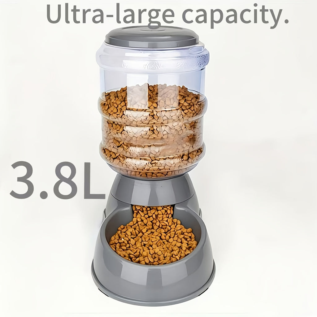 Gravity Pet Feeder or Waterer in Gray, Battery-Free Food Dispenser or 1 Gallon Water Bowl with Visible Reservoir for Indoor Dog and Cat Care