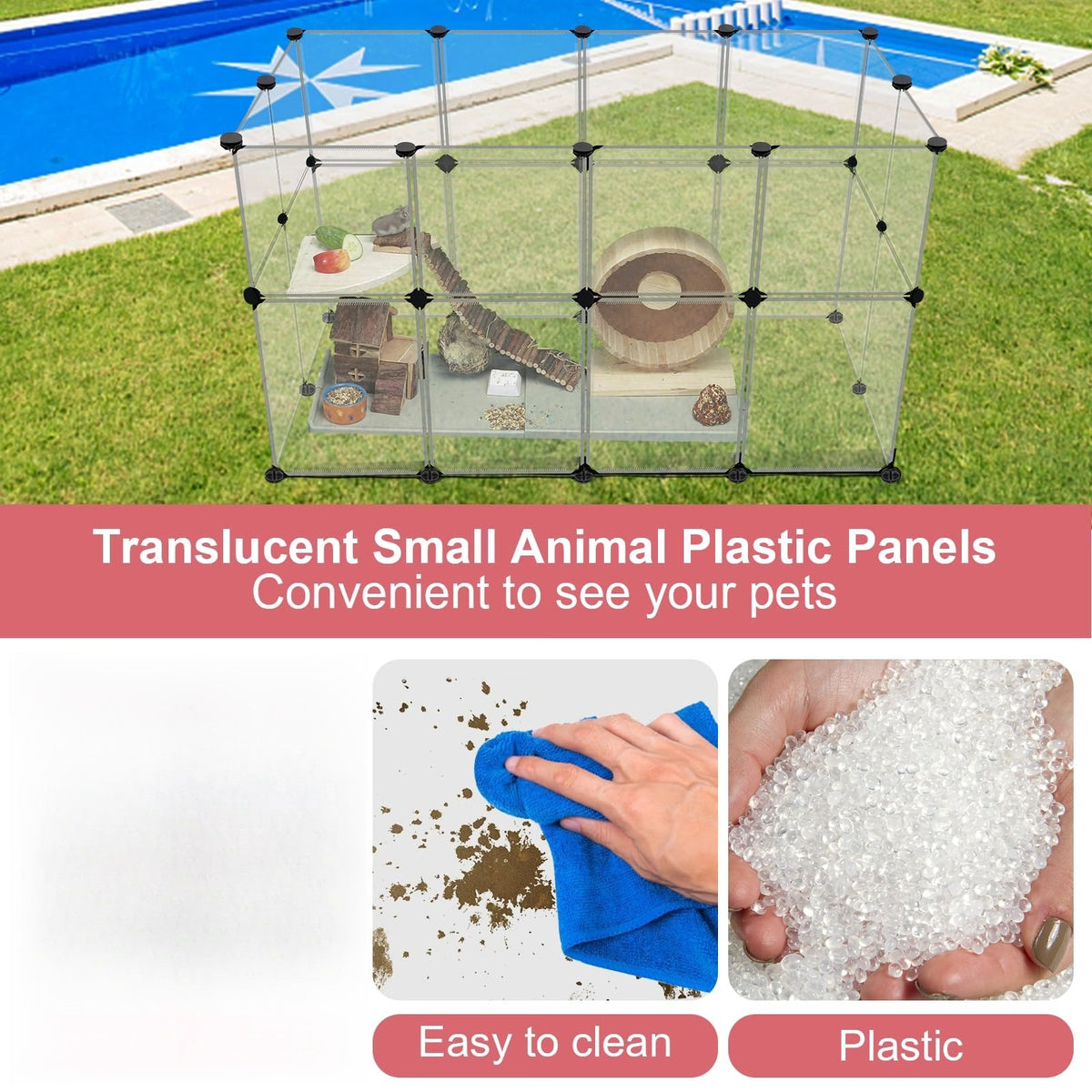 Small Pet Playpen 12 Panel Set, Portable Plastic Small Animal Enclosure with 14 Inch Panels, ABS Connectors and Wooden Hammer for Supervised Play