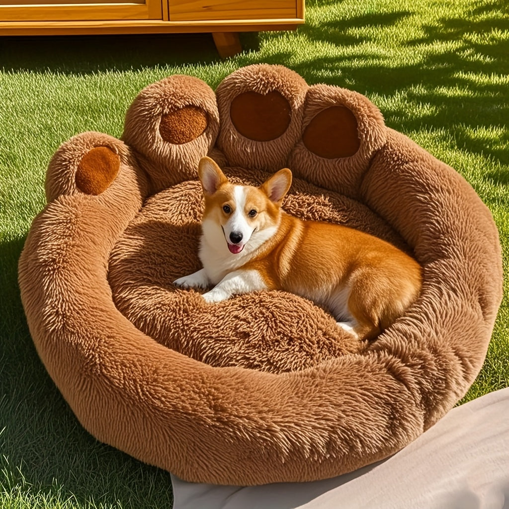 Plush Dog Bed with Bear Paw Design, Washable Fluffy Pet Sleeping Cushion with Raised Edges, 60–90 cm Sizes in Coffee, Pink and Gray