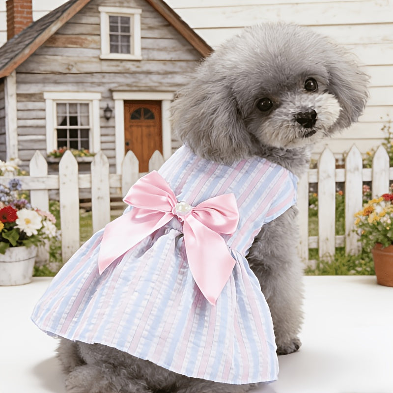 Striped Pet Dress Set, 5-Piece Bow Princess Dresses for Small and Medium Dogs and Cats, Five Colors for Dress-Up and Photos, XS–XXL