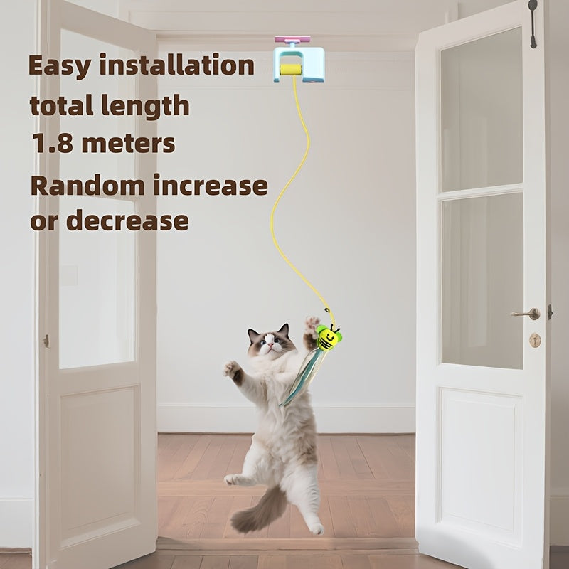 Automatic Hanging Cat Toy with Touch-Activated Retractable Tail, Blue Door or Wall Play Toy with Two Replacement Tails for Supervised Indoor Fun