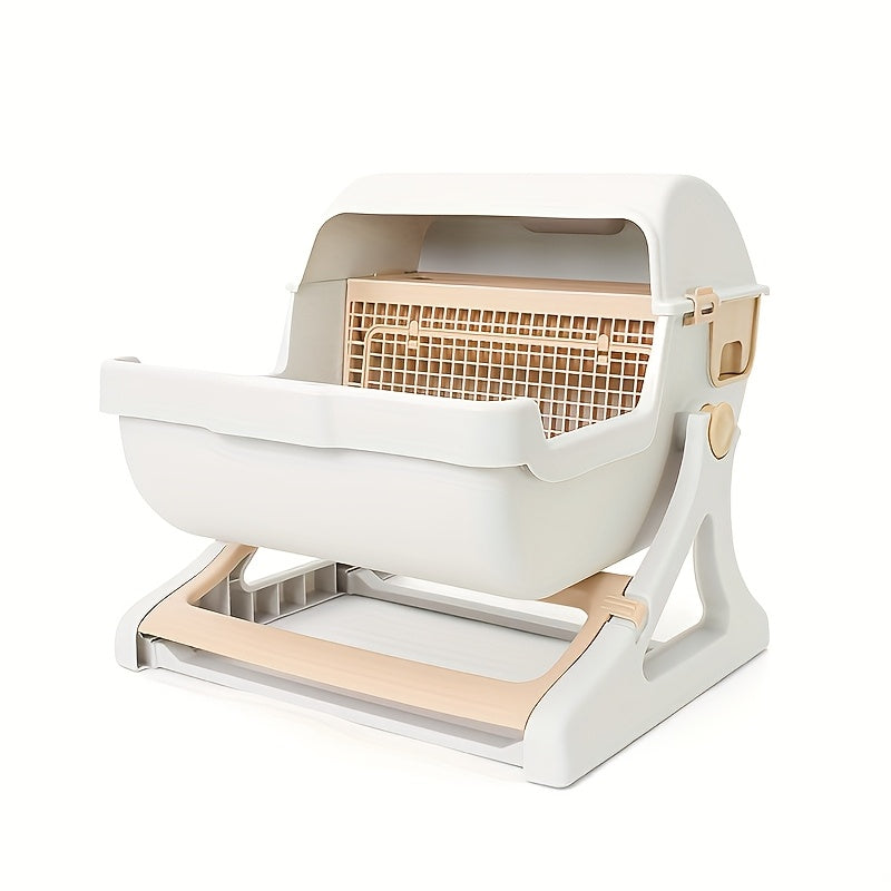 Cat Litter Box with Removable Grid, Rectangular Indoor Cat Pan in Beige or Pink for Everyday Pet Waste Management and Convenient Routine Cleaning