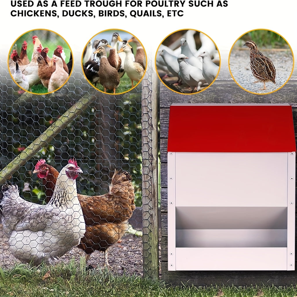 Wall Mounted Chicken Feeder with Cover, Galvanized Metal Gravity Poultry Food Dispenser for Backyard Coops, Chicken, Duck and Quail Feeding