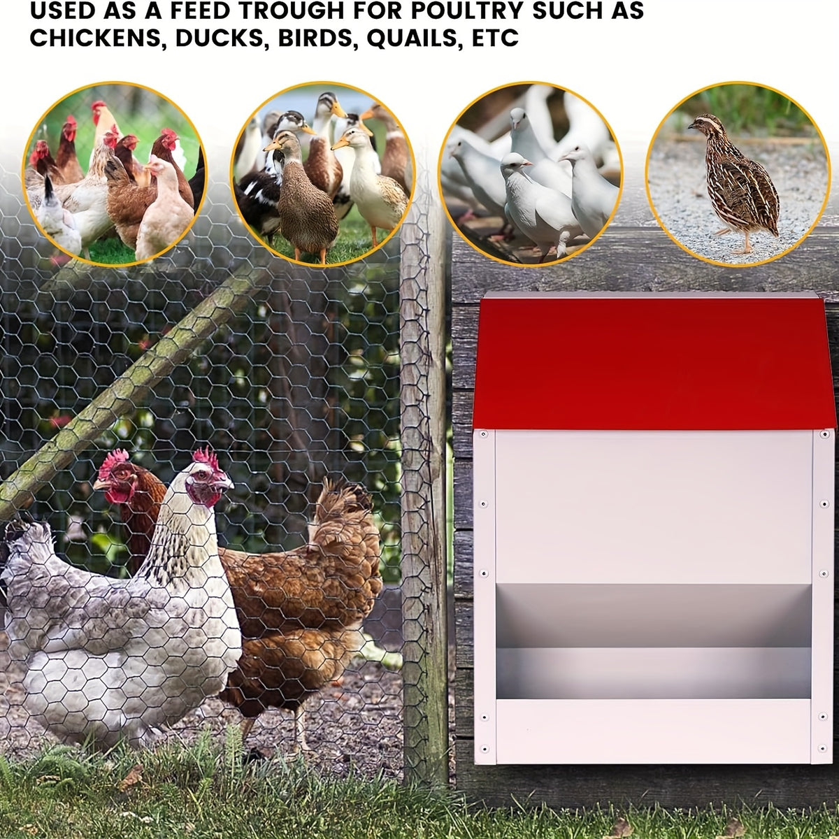 Wall Mounted Chicken Feeder with Cover, Galvanized Metal Gravity Poultry Food Dispenser for Backyard Coops, Chicken, Duck and Quail Feeding