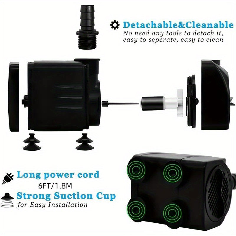 Submersible Aquarium Pump 10W with Adjustable Water Flow, Two Nozzles and Suction Feet, Compact Black Water Pump for Fish Tanks and Fountains