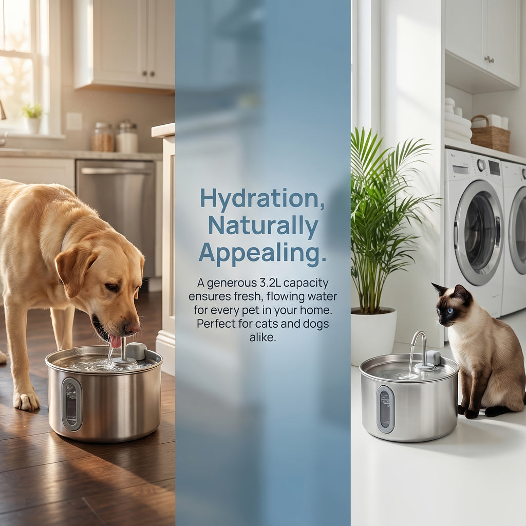Stainless Steel Pet Water Fountain 3.2L for Cats and Dogs, Quiet 5V Pump with 4-Stage Filtration, Easy-Clean Drinking Dispenser with Filter Bundle Options