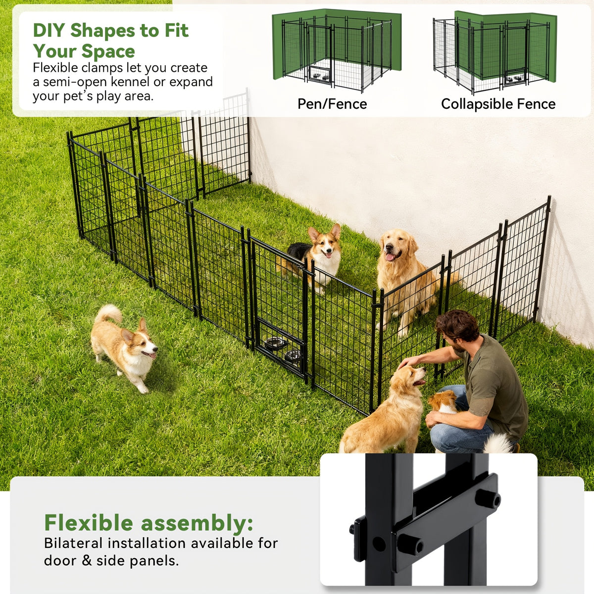 Welded Steel Outdoor Dog Kennel with Roof Cover and 2 Rotating Bowls, Secure-Lock Dog Pen in 47.5 or 70-Inch Lengths for Backyard Use