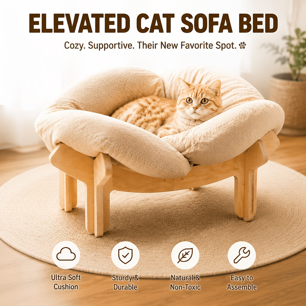 Elevated Cat Bed with Heart-Shaped Wooden Frame and Soft Cushion, Raised Indoor Pet Sofa for Cats and Small Dogs in Pink, Apricot or Light Blue