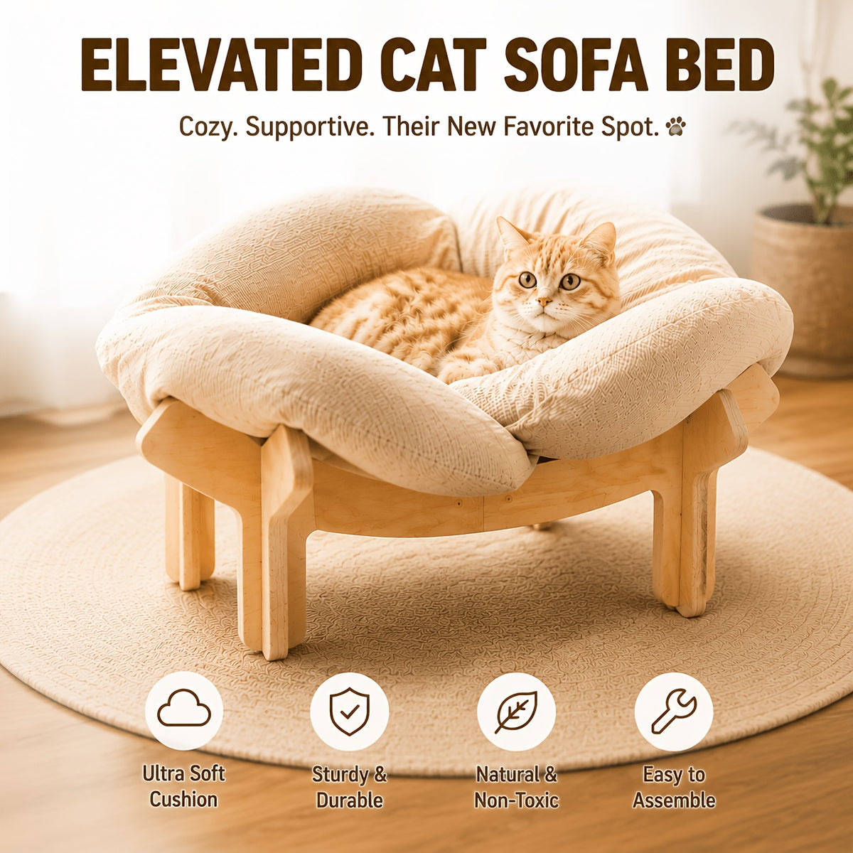 Elevated Cat Bed with Heart-Shaped Wooden Frame and Soft Cushion, Raised Indoor Pet Sofa for Cats and Small Dogs in Pink, Apricot or Light Blue