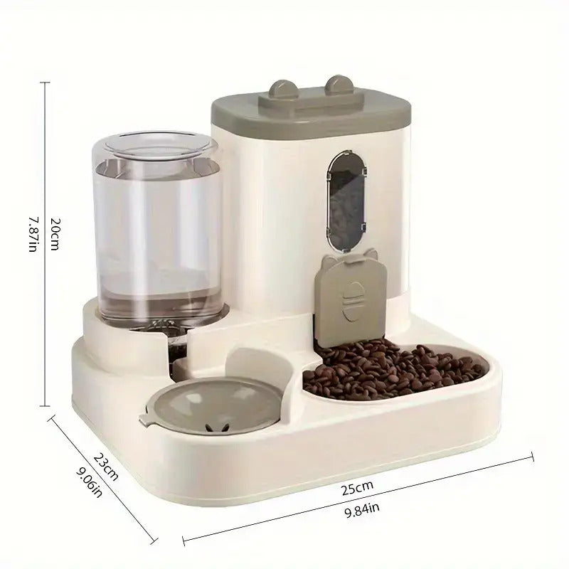 Pet Feeder and Water Dispenser Combo with Cat-Ear Lid, Visible Dry Food Window and Siphon Water Bottle for Cats and Small Dogs, Three Color Options