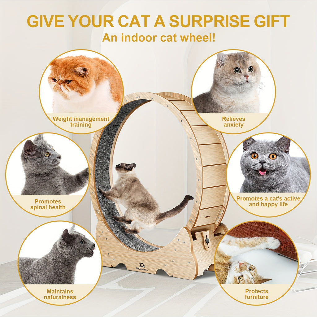 45 Inch Cat Exercise Wheel with Carpeted Runway, Large Wooden Indoor Cat Treadmill for Supervised Activity in Wood, Black or White