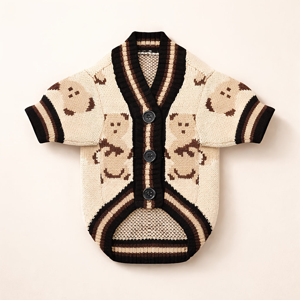 Bear Print Dog Cardigan Sweater with Button Closure, Beige Knit Pet Outfit with Contrast Ribbed Trim and Short Sleeves in M, L and XL Sizes