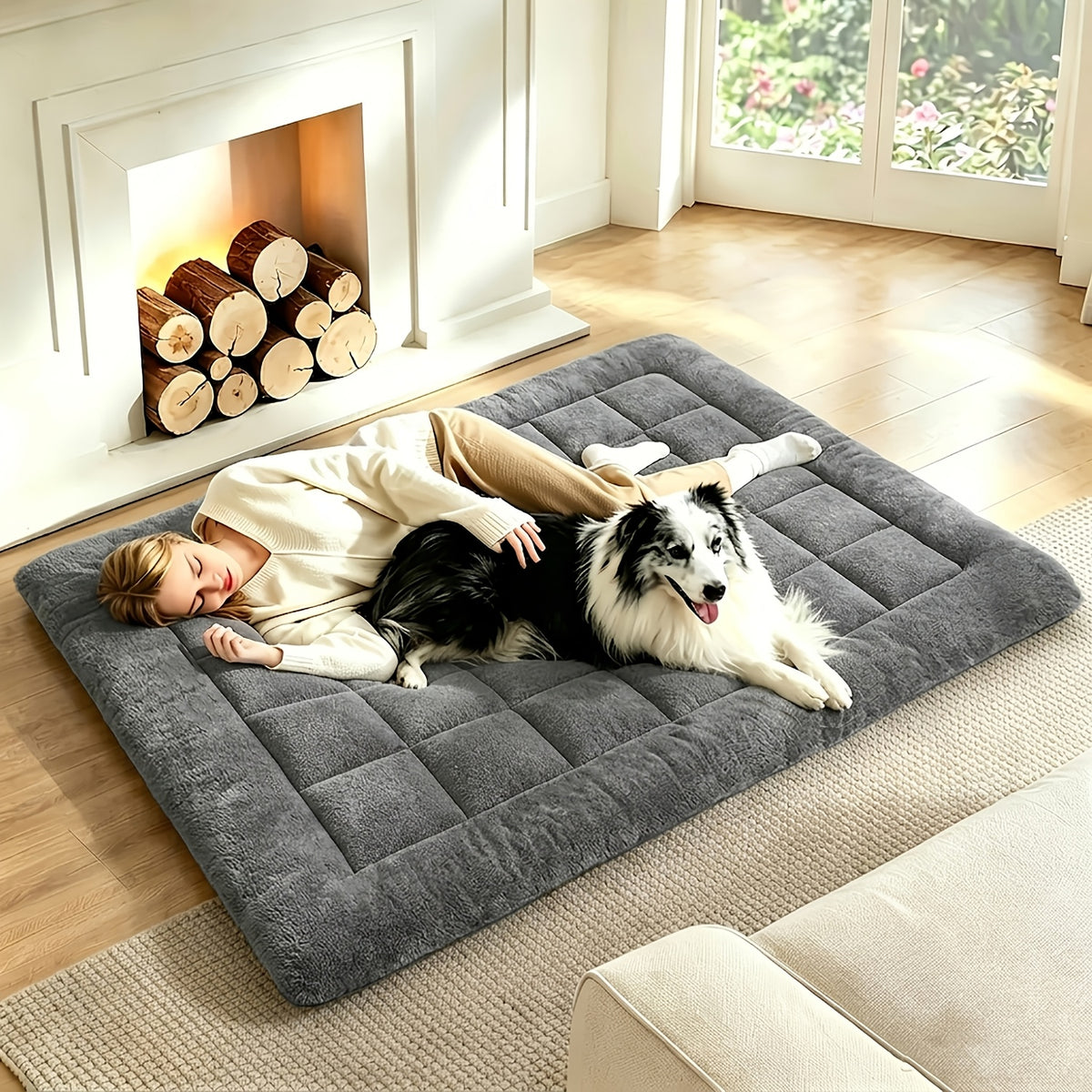 Dog Bed Mat Topper with Four Corner Straps, Rectangular Roll-Up Pet Mattress Pad for Large Dogs and Multi-Pet Homes, L to XXXL with Plush and Faux Fur Options