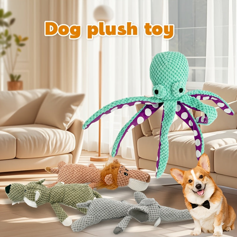 Random Animal Plush Dog Toy, One Squeaky Textured Companion for Supervised Gentle Play, Assorted Octopus, Goose, Wolf, Lion or Elephant Style