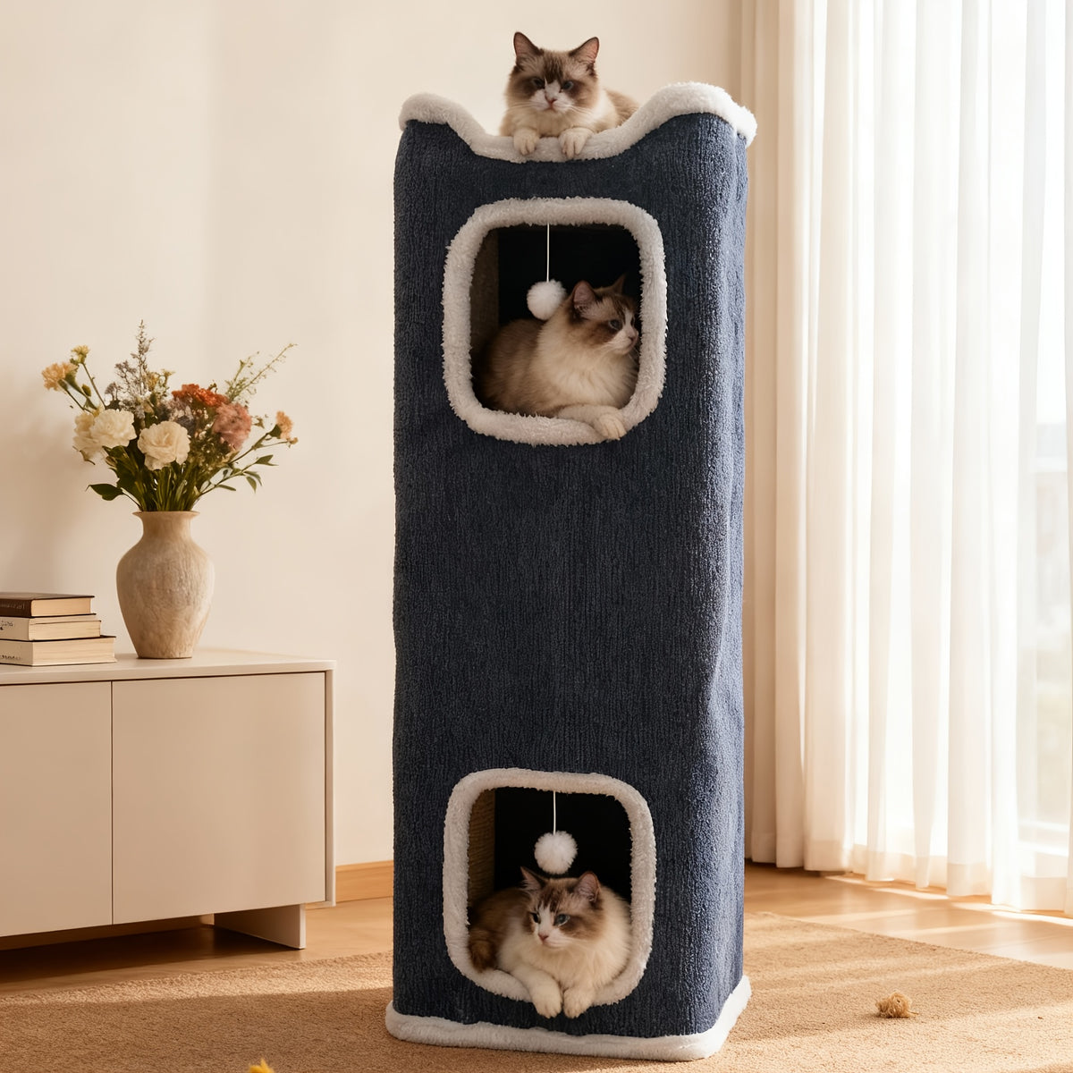 Cat Tree with Three-Layer Foldable Tower, Indoor Cat Condo with Cozy Top Bed, Hanging Ball Toys and Scratch-Resistant Surface for Small Spaces