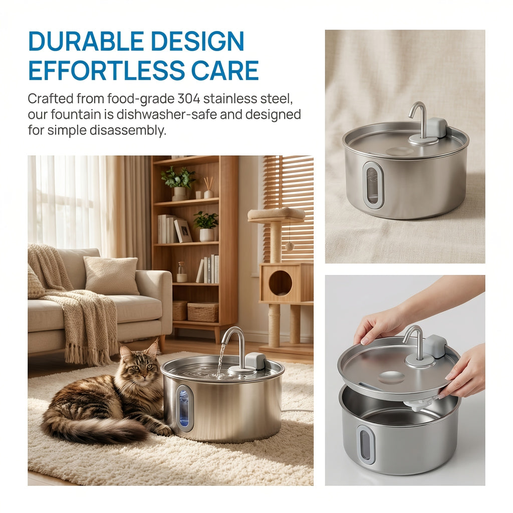Stainless Steel Pet Water Fountain 3.2L for Cats and Dogs, Quiet 5V Pump with 4-Stage Filtration, Easy-Clean Drinking Dispenser with Filter Bundle Options
