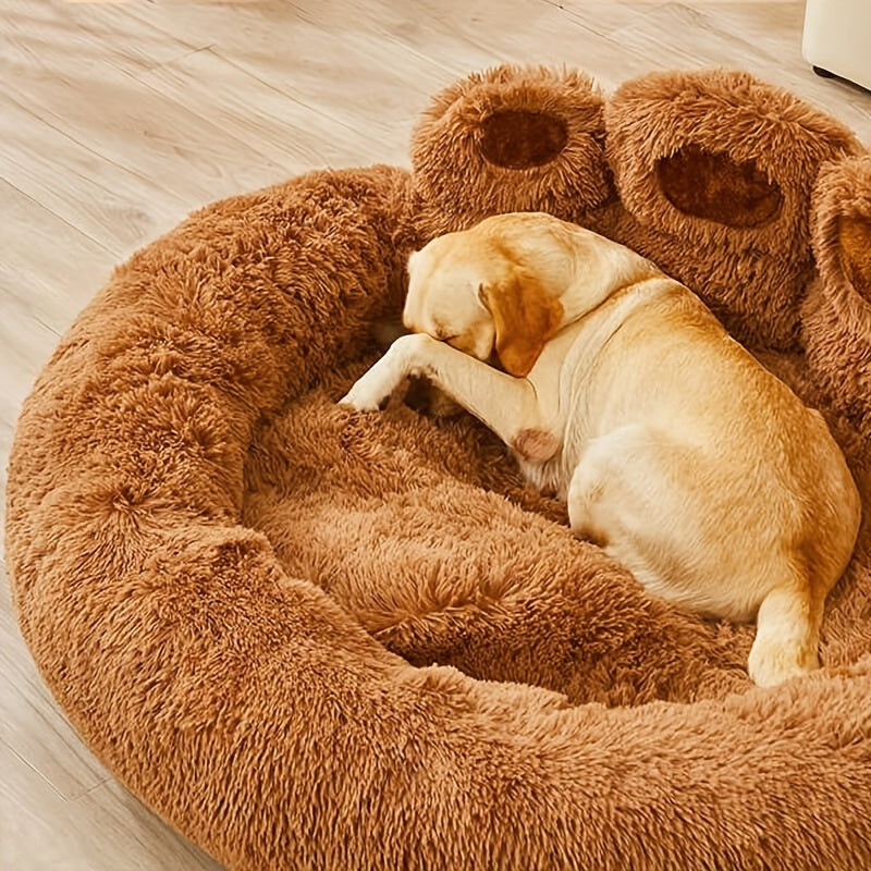 Long Plush Pet Bed with Bear Paw Shape, PP Cotton Filled Dog and Cat Sleeping Cushion with Anti-Slip Bottom, Single Bed and 2PCS Options