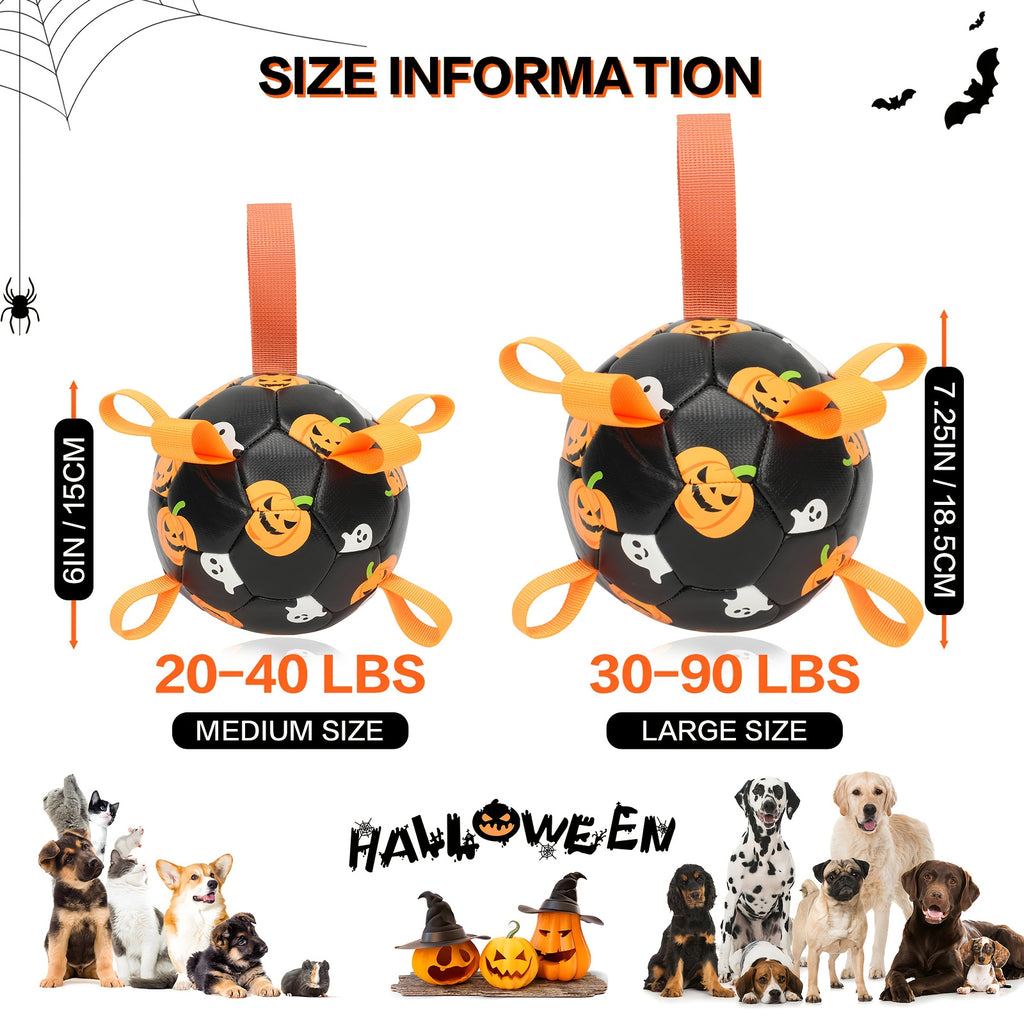 Halloween Dog Ball with Pumpkin and Ghost Print, Black Soccer-Style Fetch Toy with Orange Grab Straps, Pump and Needle for Supervised Outdoor Play