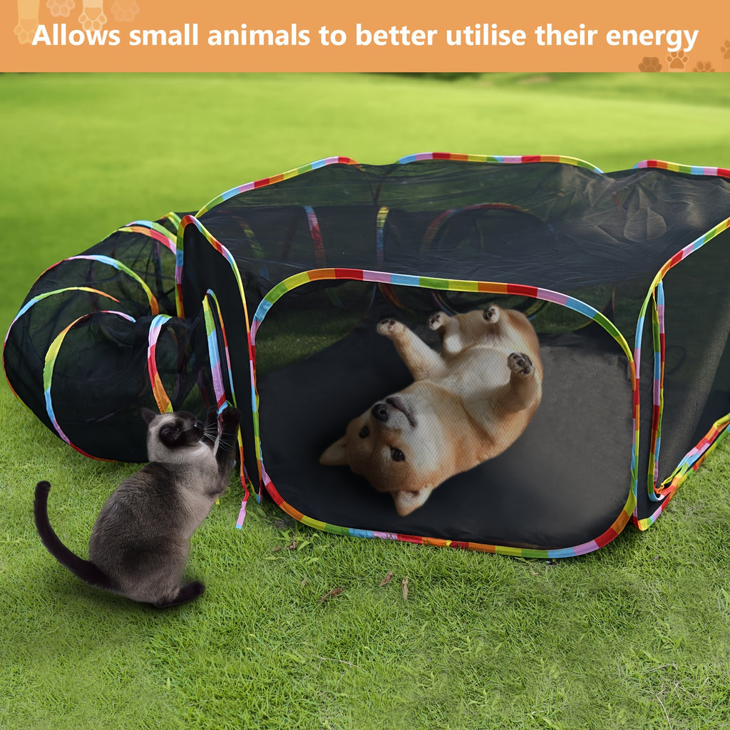 Cat Tent and Tunnel Set, Rainbow Portable Outdoor Cat Playpen with Circle Tunnel for Supervised Backyard Exploration and Everyday Play