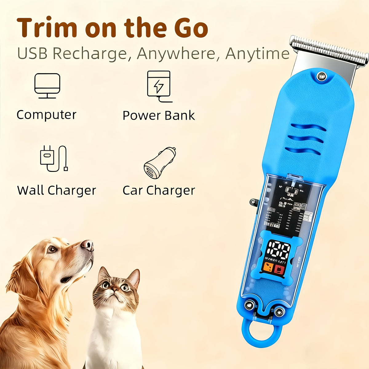 Pet Hair Trimmer Cordless Rechargeable, Low-Noise Electric Dog Clippers with 4 Limit Combs, LED Battery Display and Sharp Blades for Small and Large Dogs and Cats, Blue or Yellow