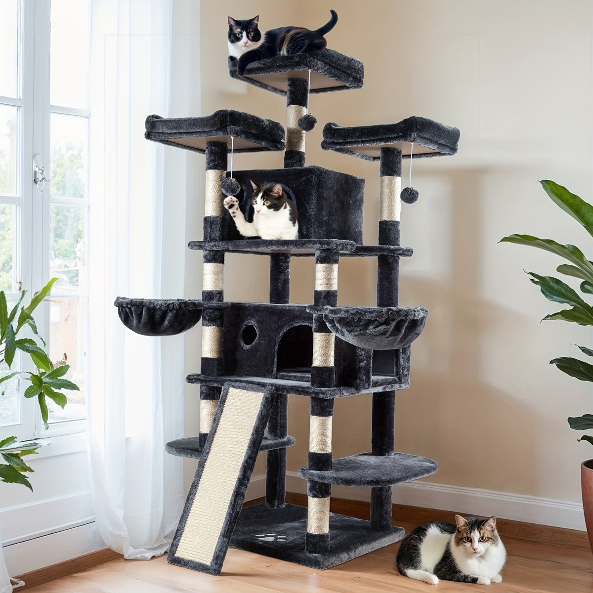 Cat Tree with Plush Baskets, 68 Inch Multi-Level Indoor Cat Tower with Condo Hideaway, Soft Perches, Sisal Scratching Posts and Wide Base