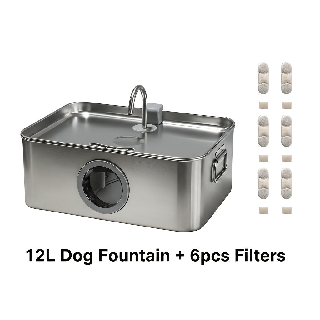 Stainless Steel Dog Water Fountain 12L 3.2 Gal for Large Dogs and Multi-Pet Homes, Ultra Quiet Pet Water Dispenser with Water Level Window, Dry Burn Protection and Red Blue Indicator Lights, Easy to Clean, Without Battery