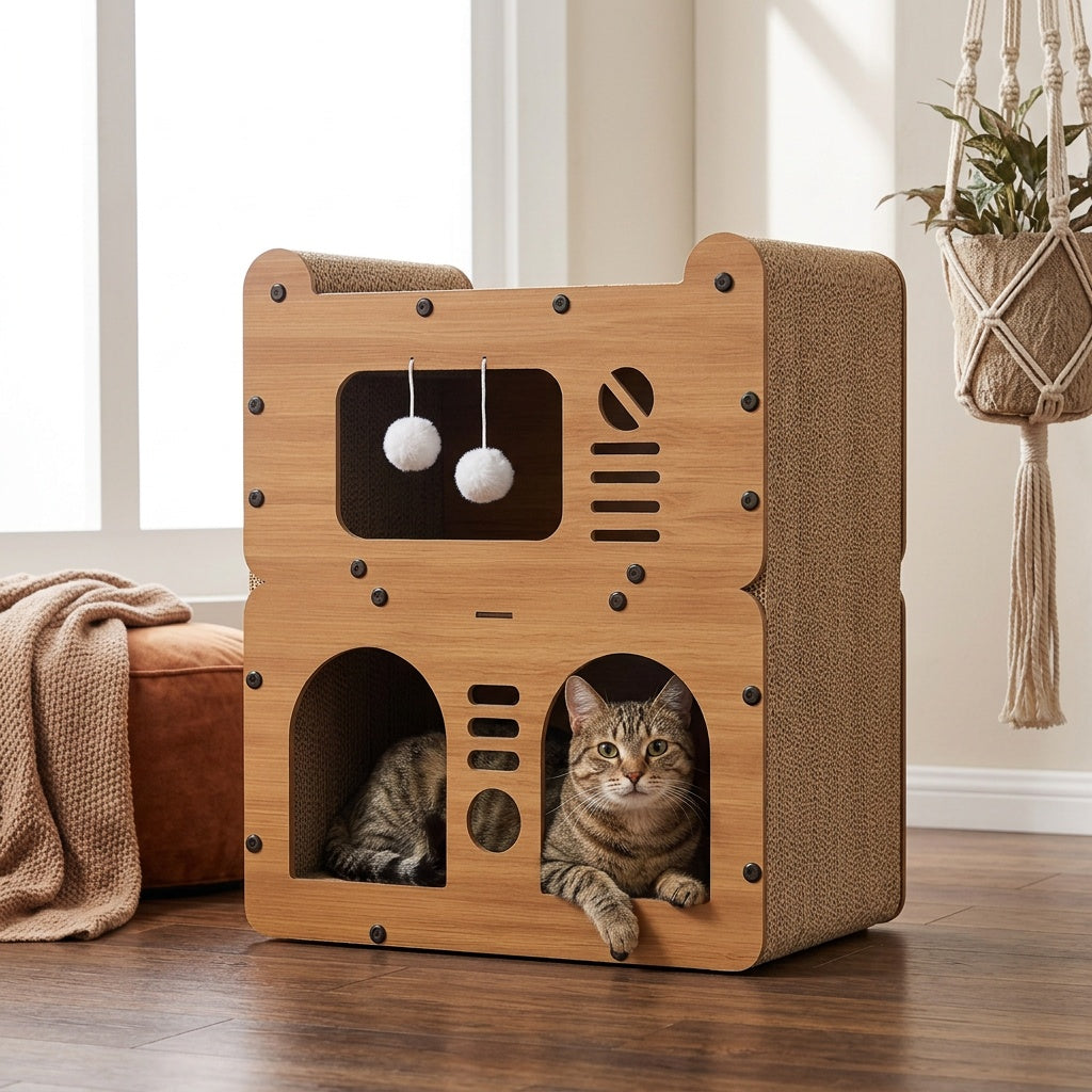 Three-Level Cat House with Dual Scratching Boards, Plush Balls and Ventilation Doors, Multi-Feature Cat Condo for Resting, Scratching and Play