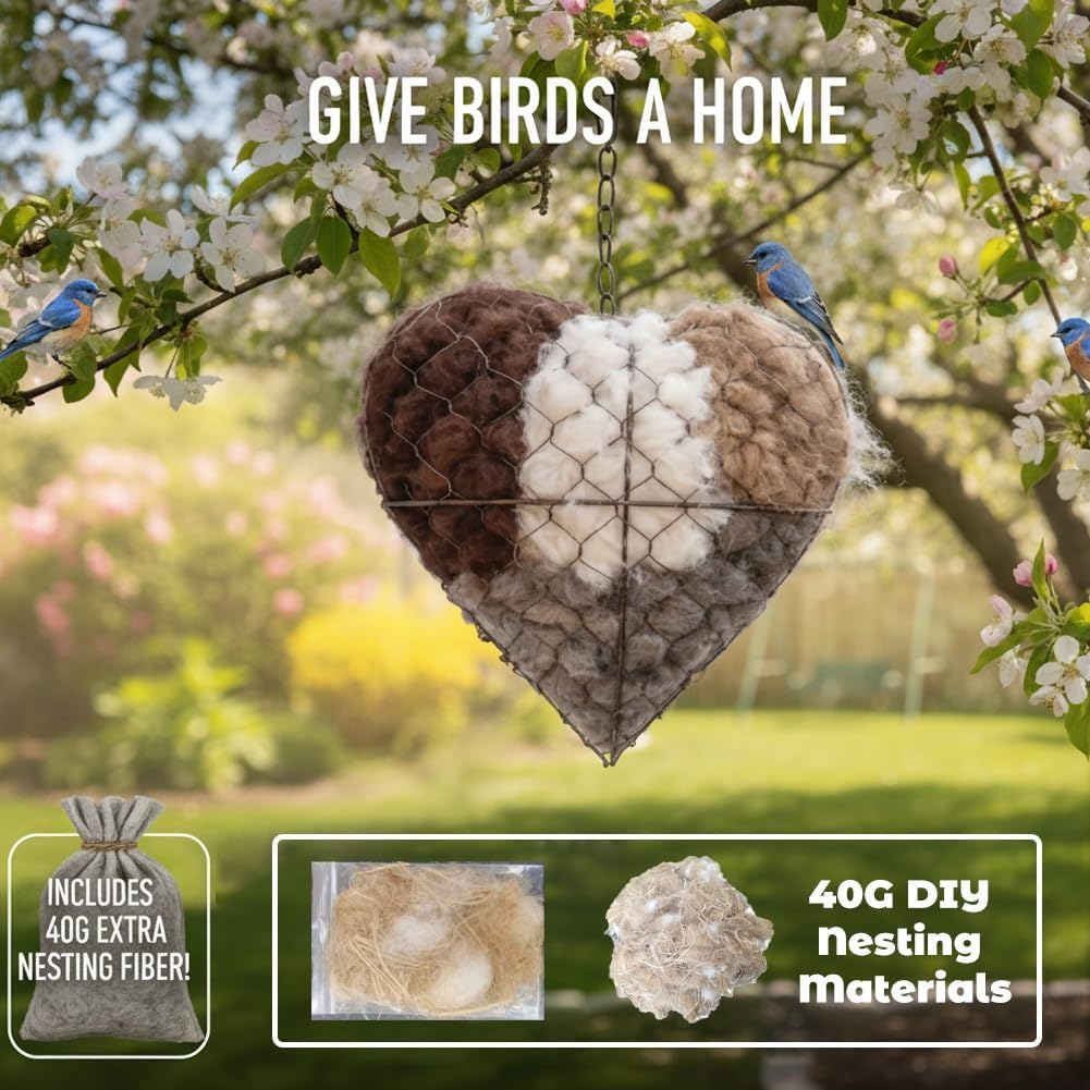 Heart-Shaped Hummingbird Nest, Handmade Fiber Bird Nest with 2 Bags of Nesting Materials, Finished Heart Garden Accent and Bird Lover Gift