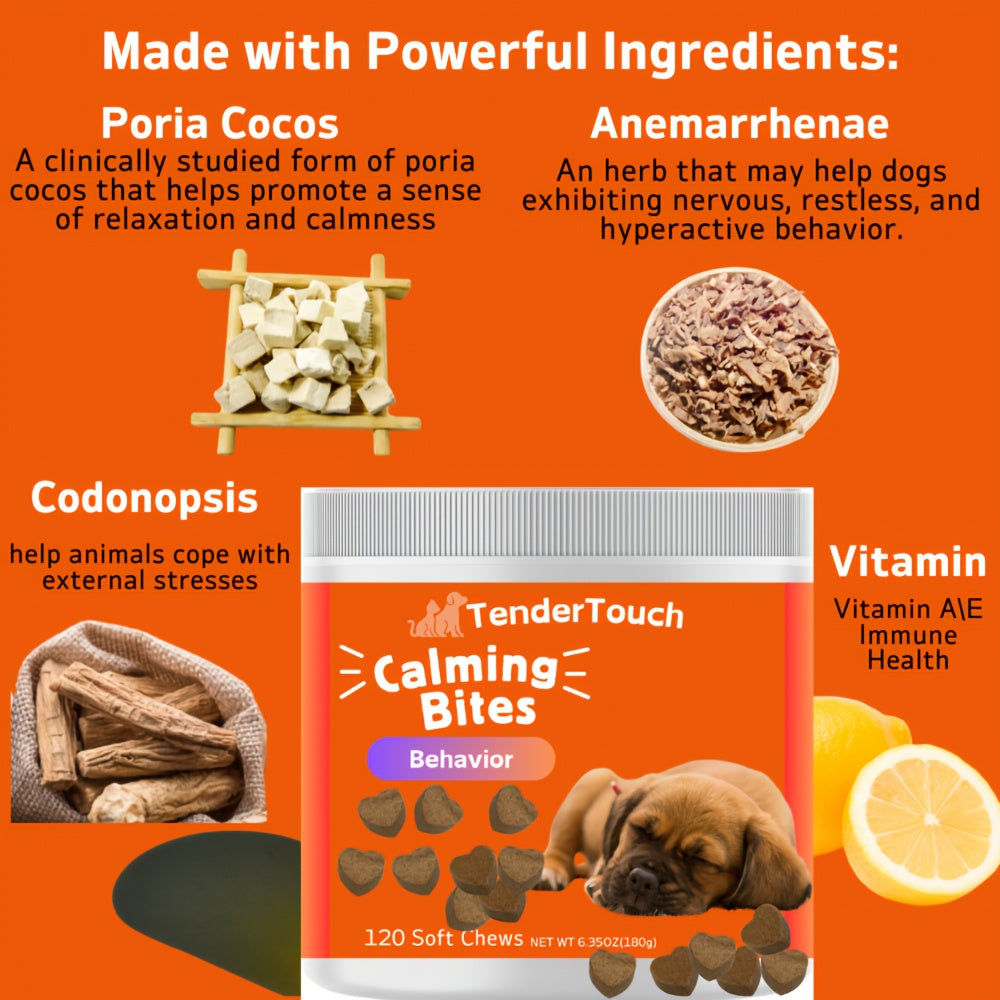 Dog Calming Chews by TenderTouch, 120-Count Canine Supplement in Chewable Format for Owner-Managed Relaxation and Wellness Routines